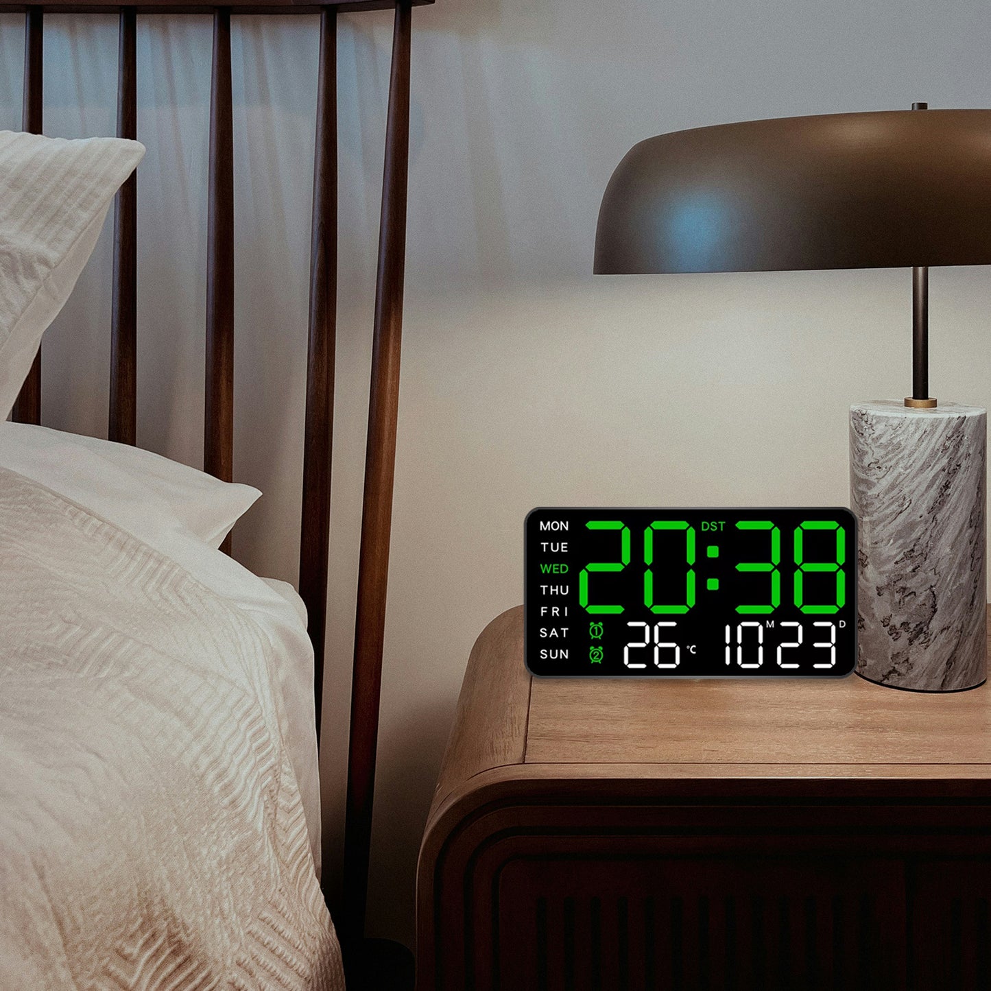 Digital Wall Clock & Alarm Clock for Home - Green (21.5x11 CM)