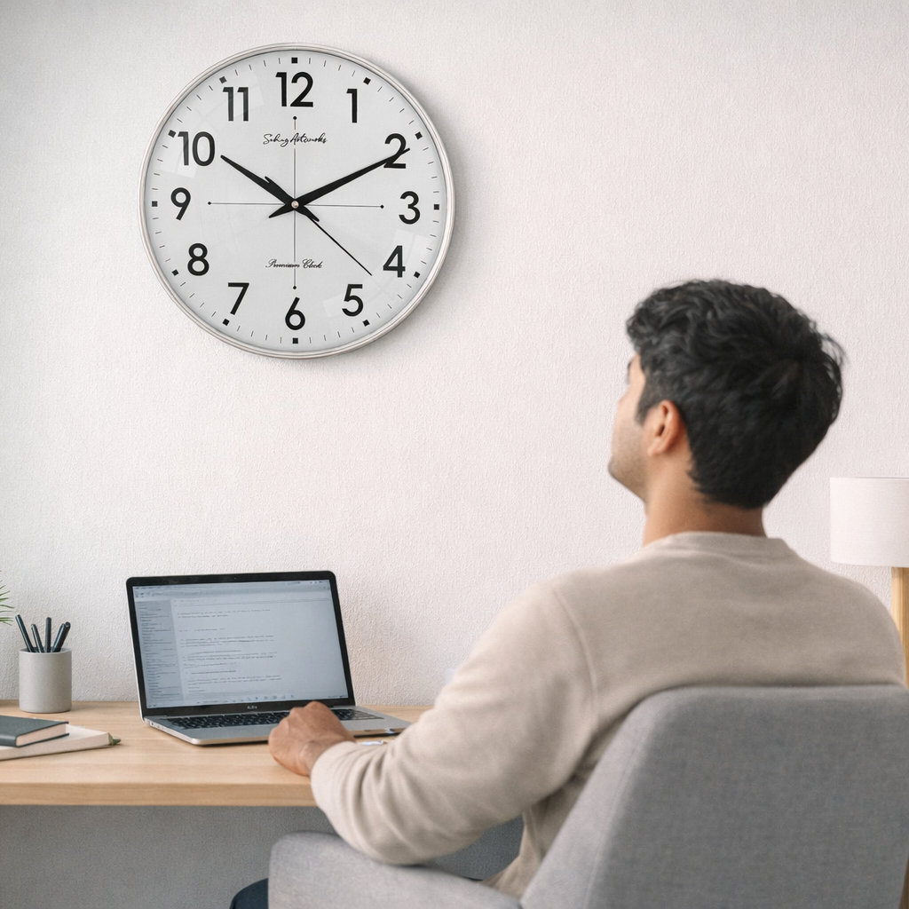 Silent Modern Wall Clock for Living Room - Silver (32x32 CM)