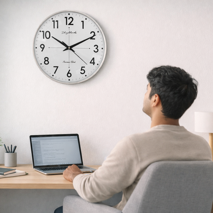 Silent Modern Wall Clock for Living Room - Silver (32x32 CM)