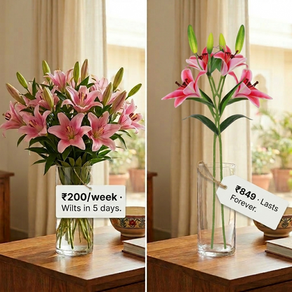 Premium Artificial Pink Lily Flowers - Realistic Decorative Flower (Set of 2 Stems, 65 CM)