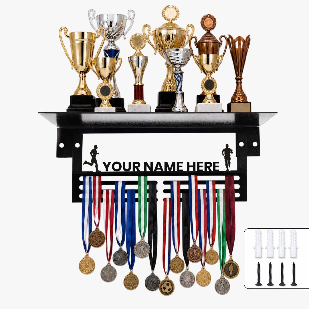 Personalized Medal Hanger with Trophy Shelf For Athletes & Students