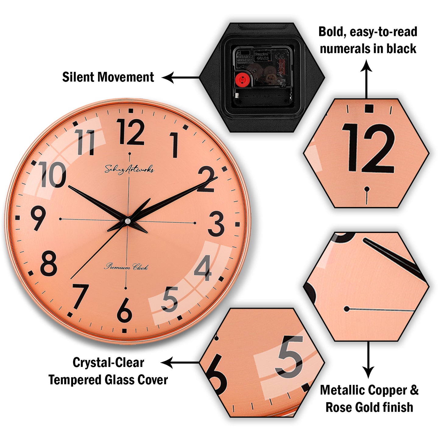 Modern Wall Clock | Wall Clocks for Living Room | Wall Clock For Home - Copper (32x32 CM)