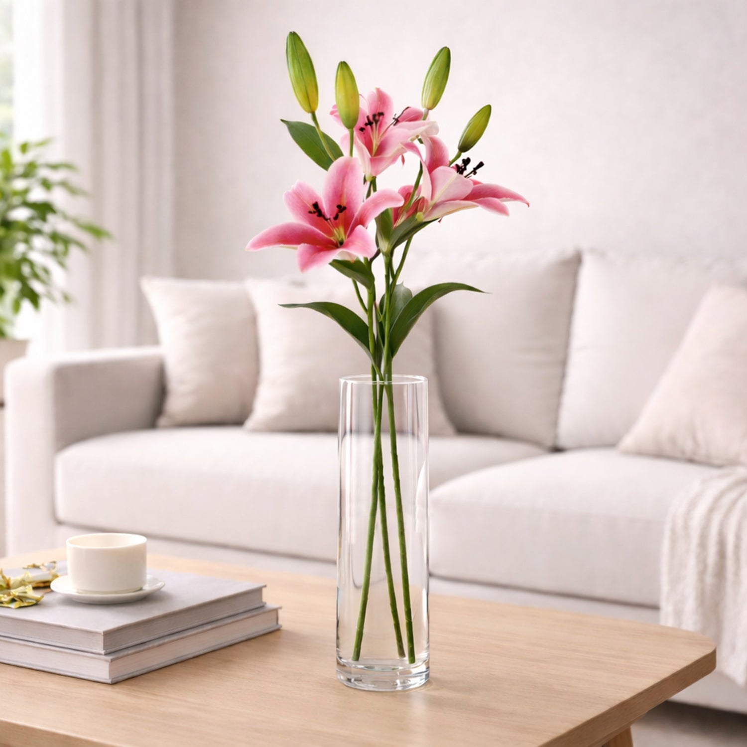 Artificial pink lily flowers console table decor with mirror