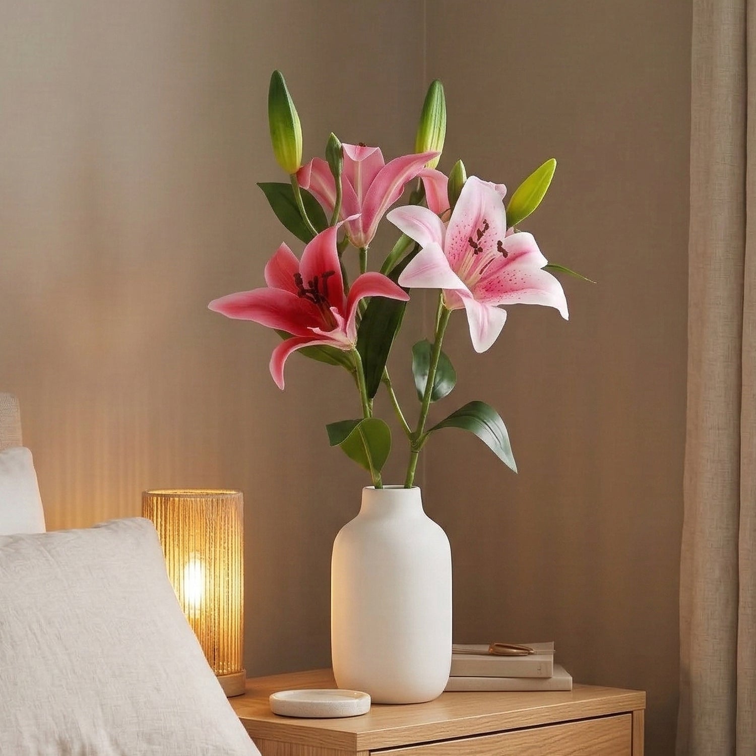 Artificial pink lily flowers realistic floral stems for home decor