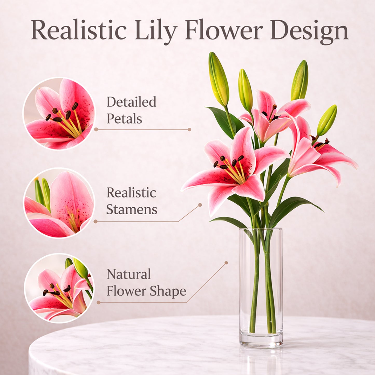 Artificial pink lily flowers realistic floral stems for home decor