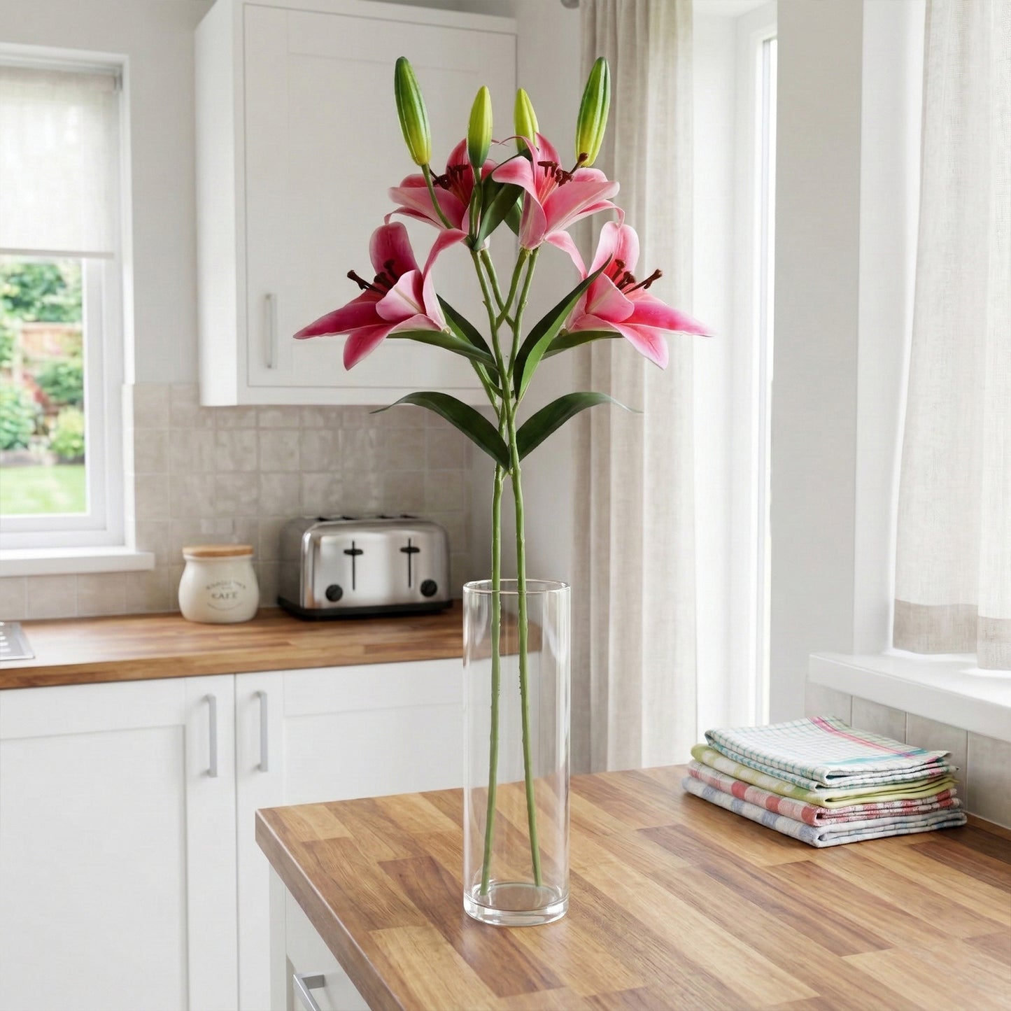 Artificial pink lily flowers vase kitchen counter decoration