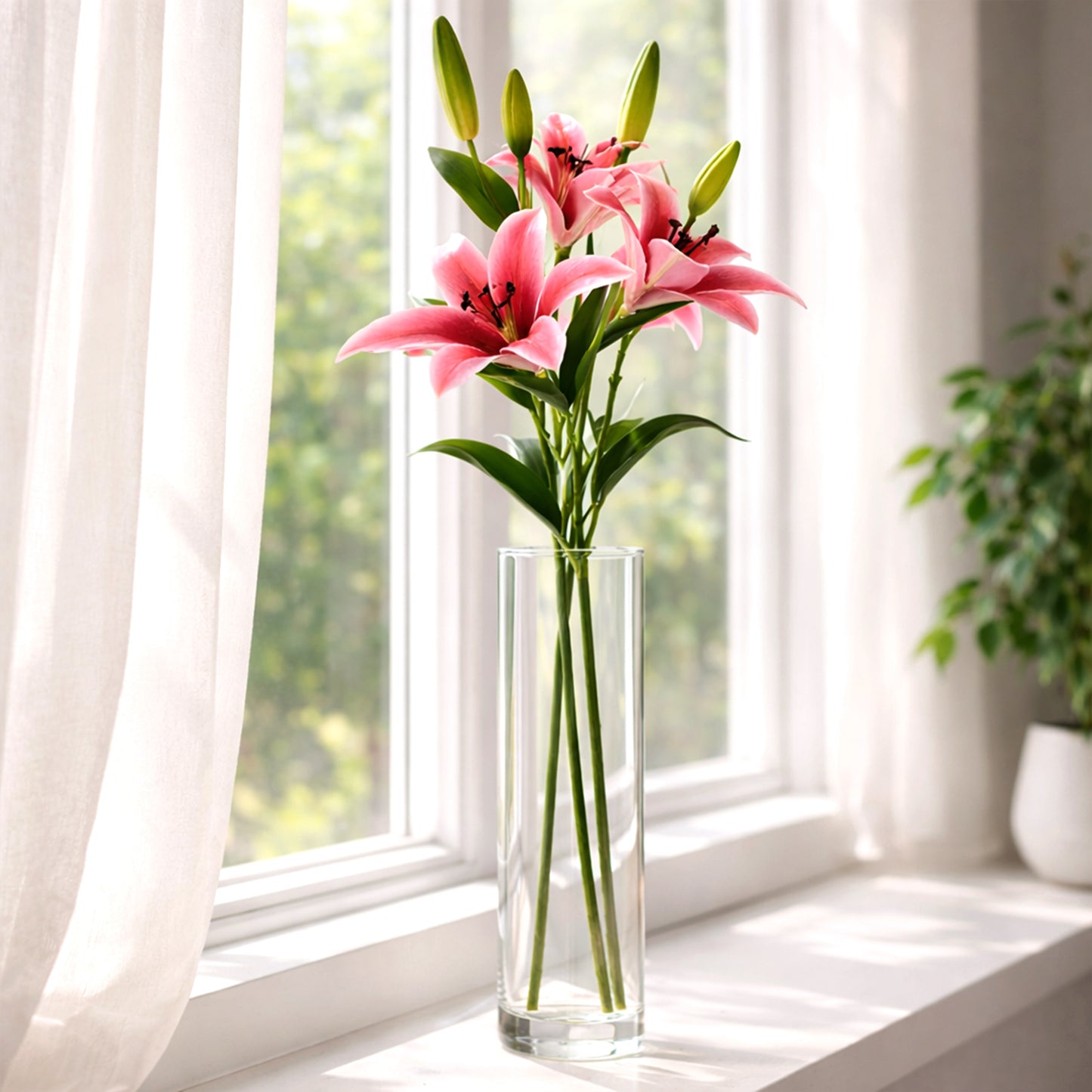 Artificial pink lily flowers vase window home decor styling