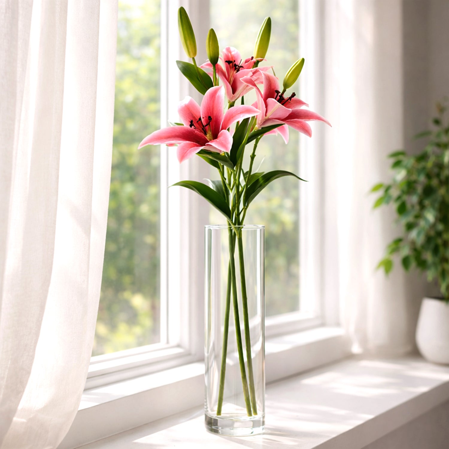 Artificial pink lily flowers vase window home decor styling