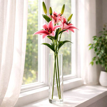Artificial pink lily flowers vase window home decor styling