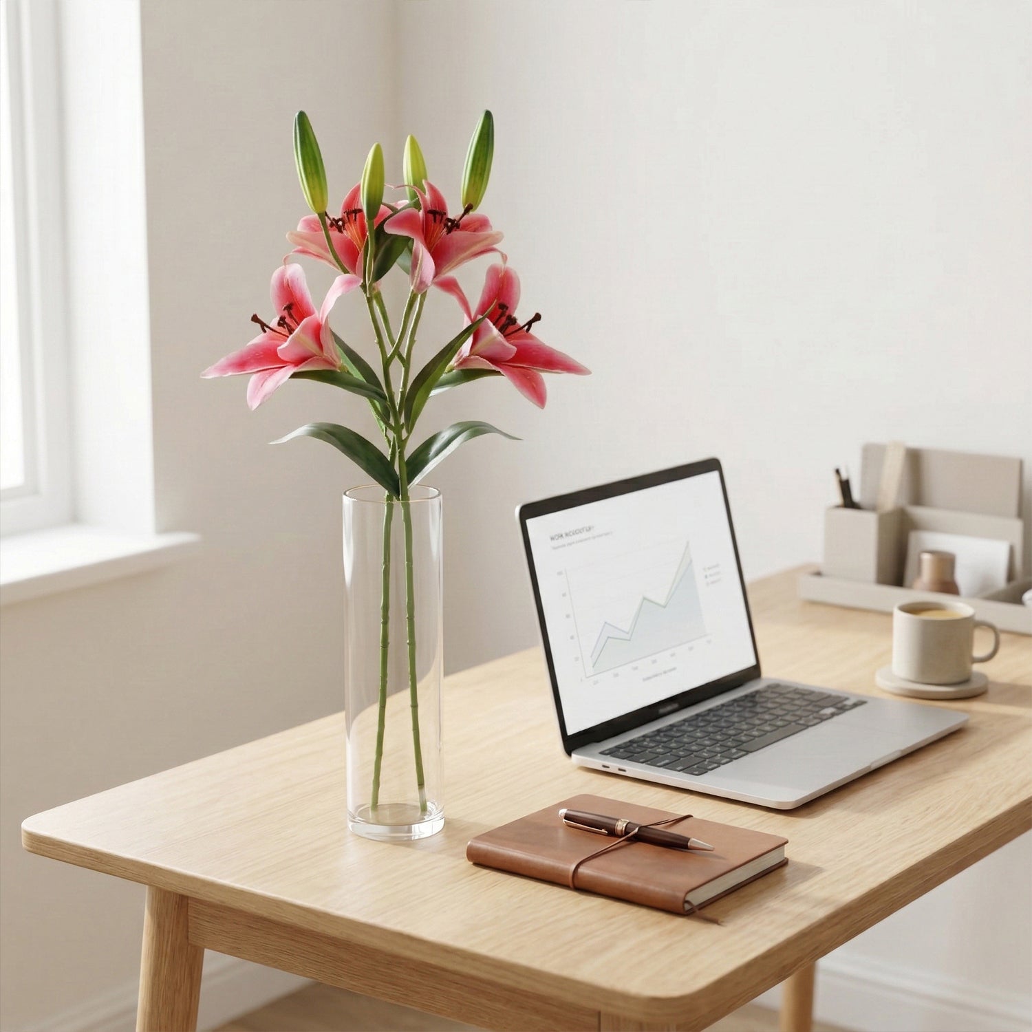 Artificial pink lily flowers vase office desk decoration