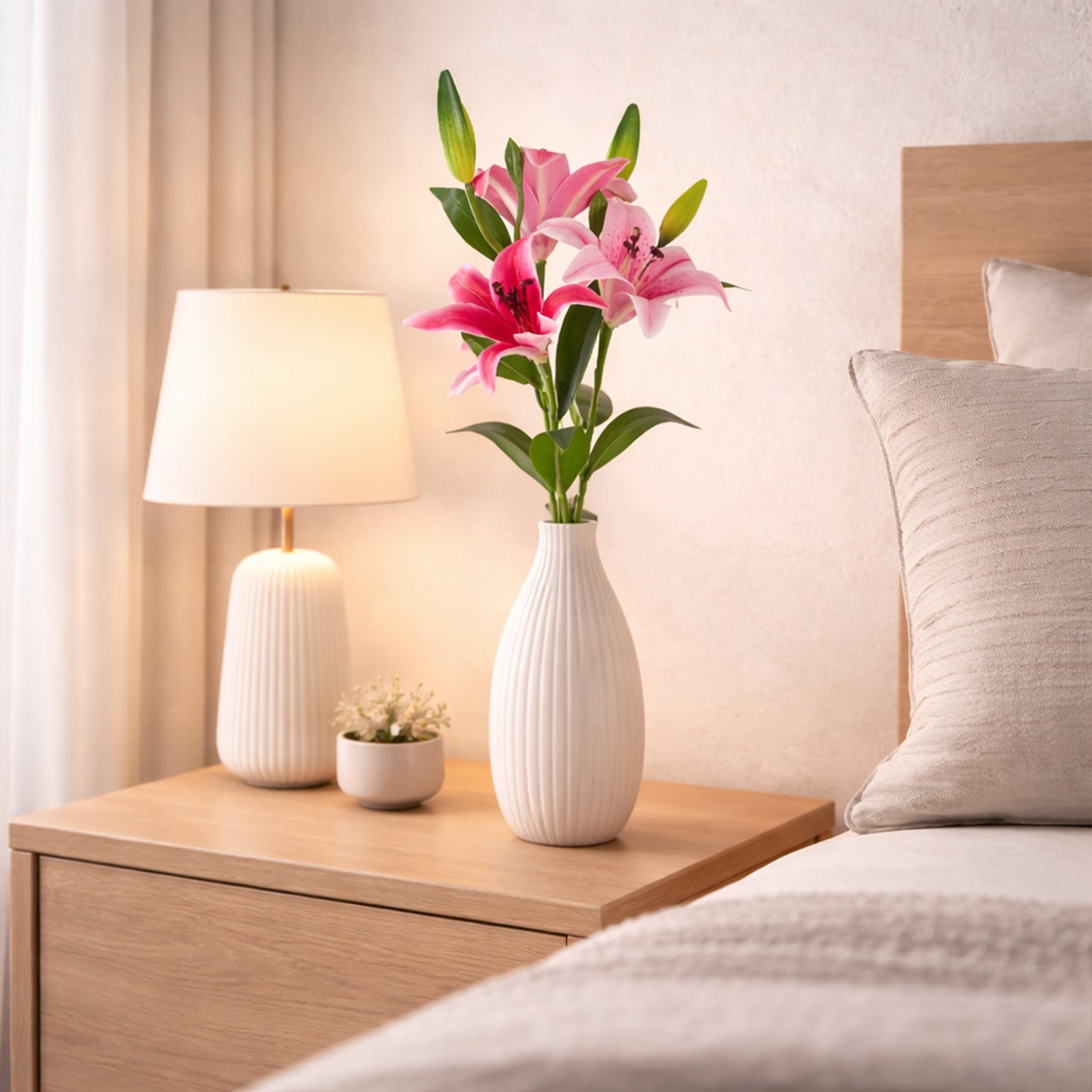 Artificial pink lily flowers bedside table home decor
