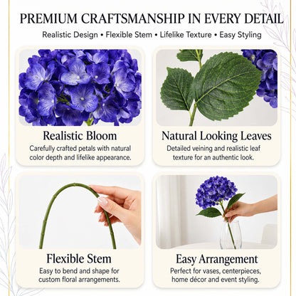 Violet Hydrangea Artificial Flower for Vases | 4 Stems 68 CM (Without Vase)