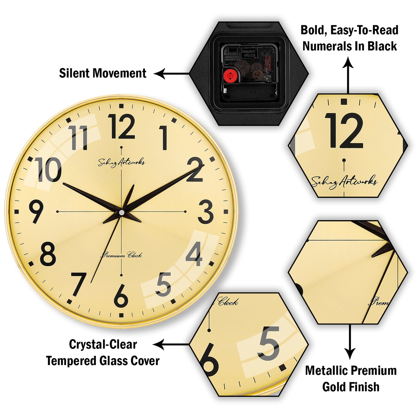 Modern Wall Clock | Wall Clocks for Living Room | Wall Clock For Home - Golden (32x32 CM)
