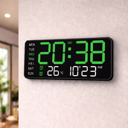 Digital Wall Clock & Alarm Clock for Home - Green (21.5x11 CM)