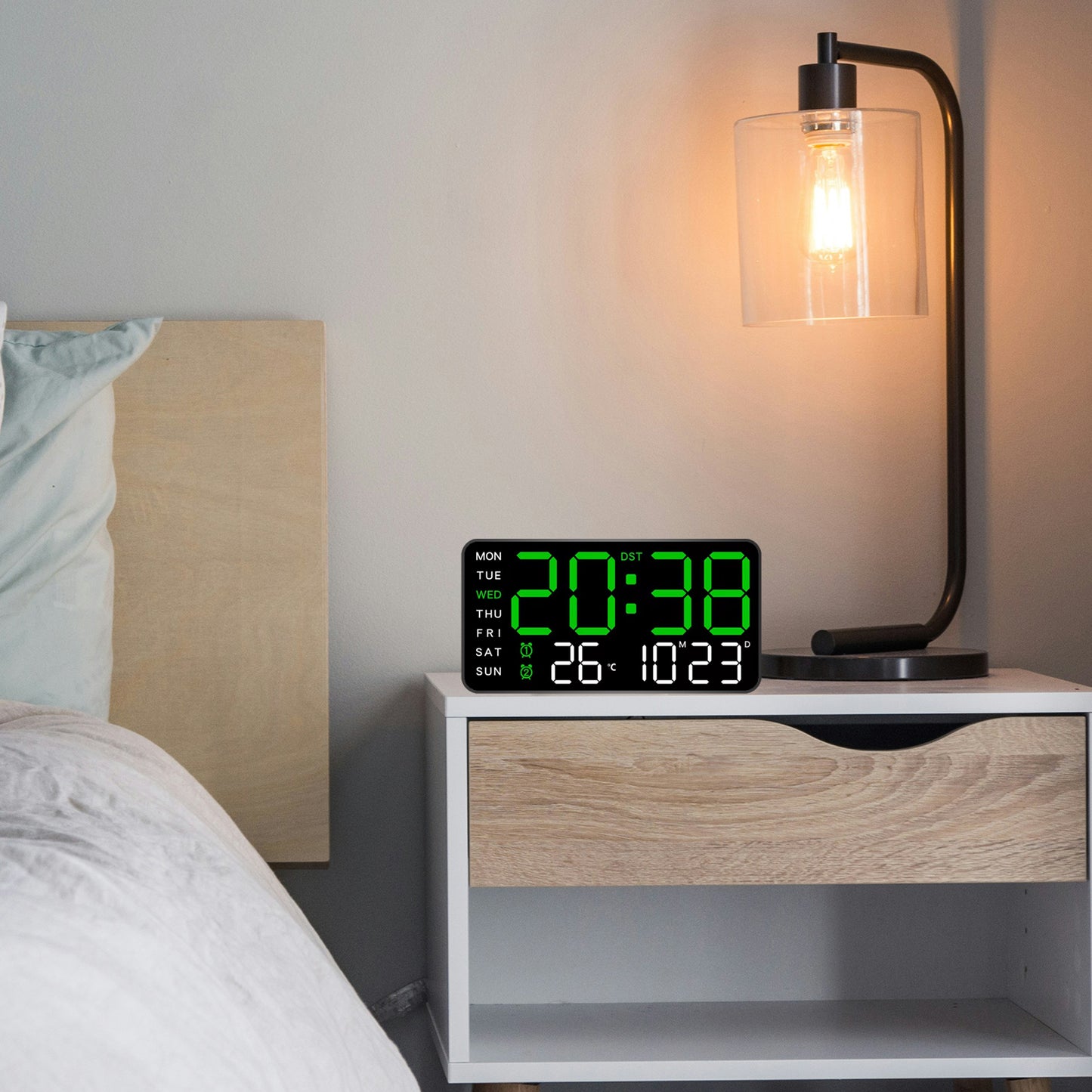 Digital Wall Clock & Alarm Clock for Home - Green (21.5x11 CM)