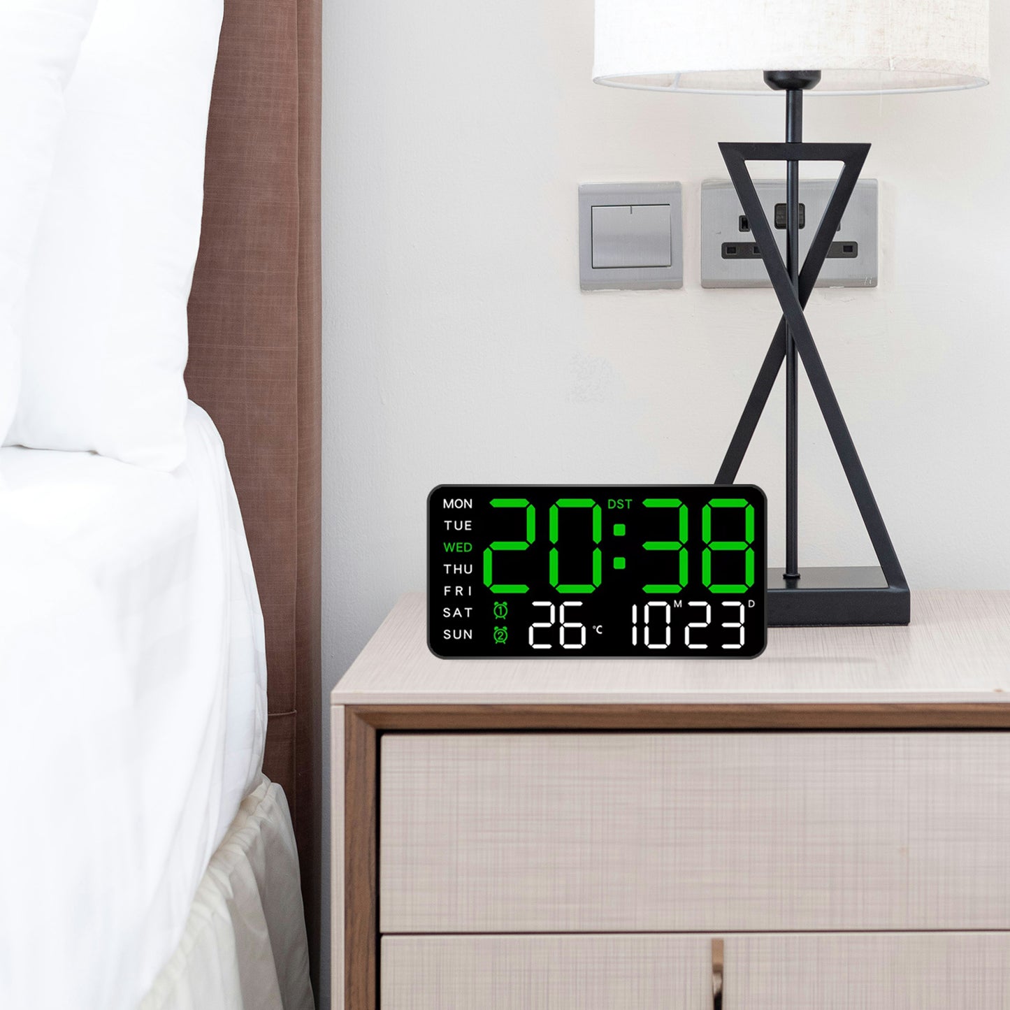 Digital Wall Clock & Alarm Clock for Home - Green (21.5x11 CM)