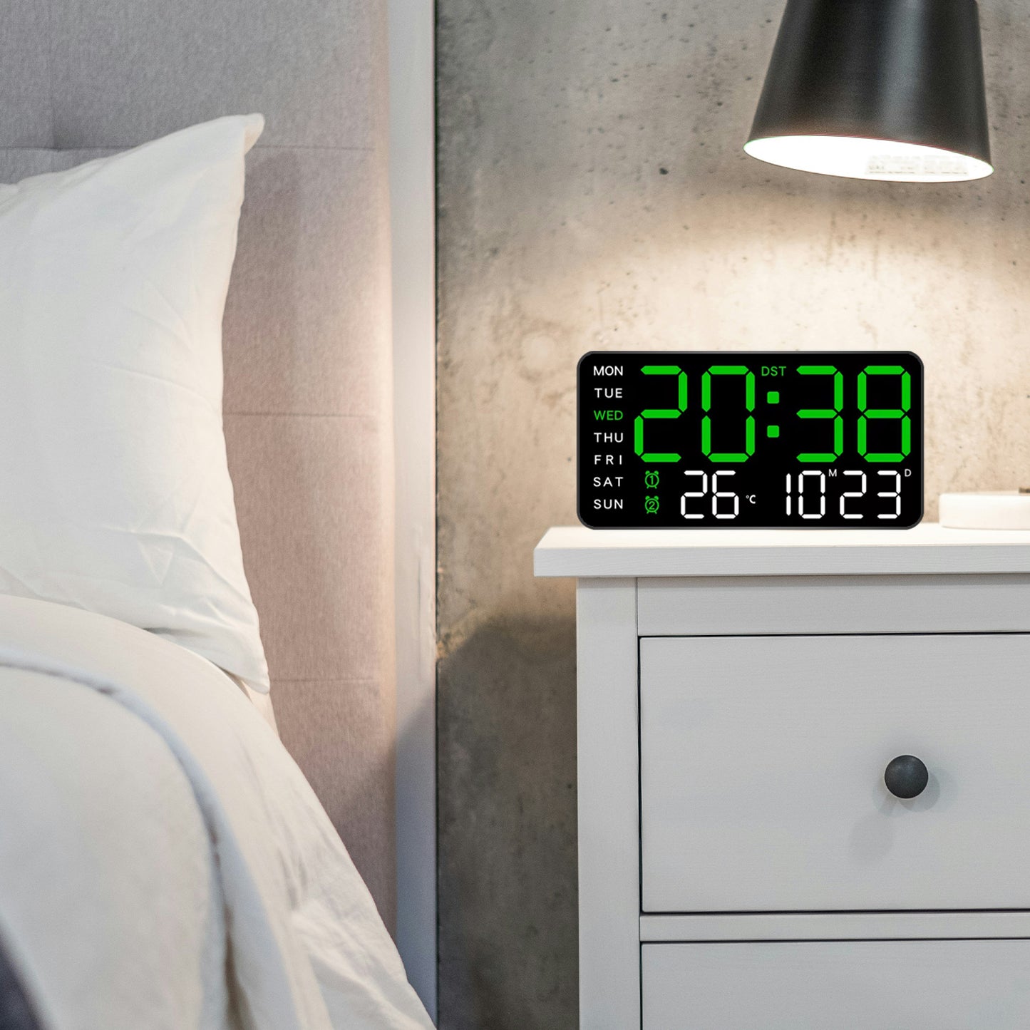 Digital Wall Clock & Alarm Clock for Home - Green (21.5x11 CM)