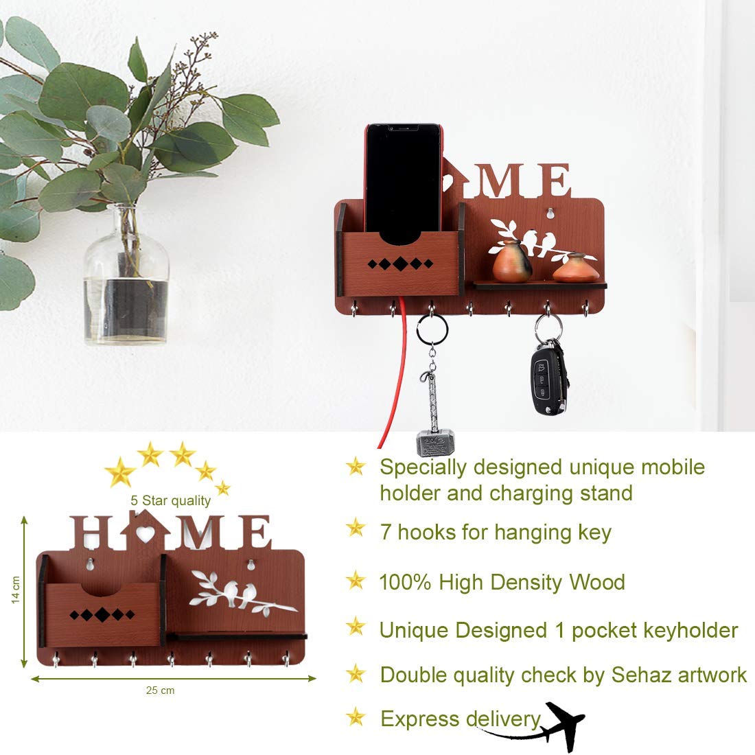 Home Side Shelf Brown Pocket Key Holder