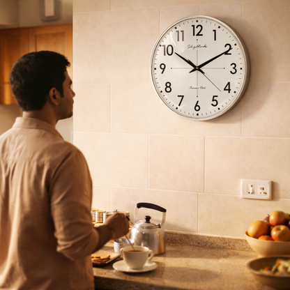 Silent Modern Wall Clock for Living Room - Silver (32x32 CM)
